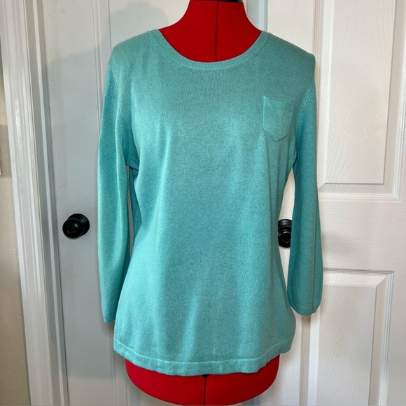 Geneva 100% Cashmere 3/4 Sleeve Round Neck Sweater Turquoise Blue Womens Large - Picture 1 of 6